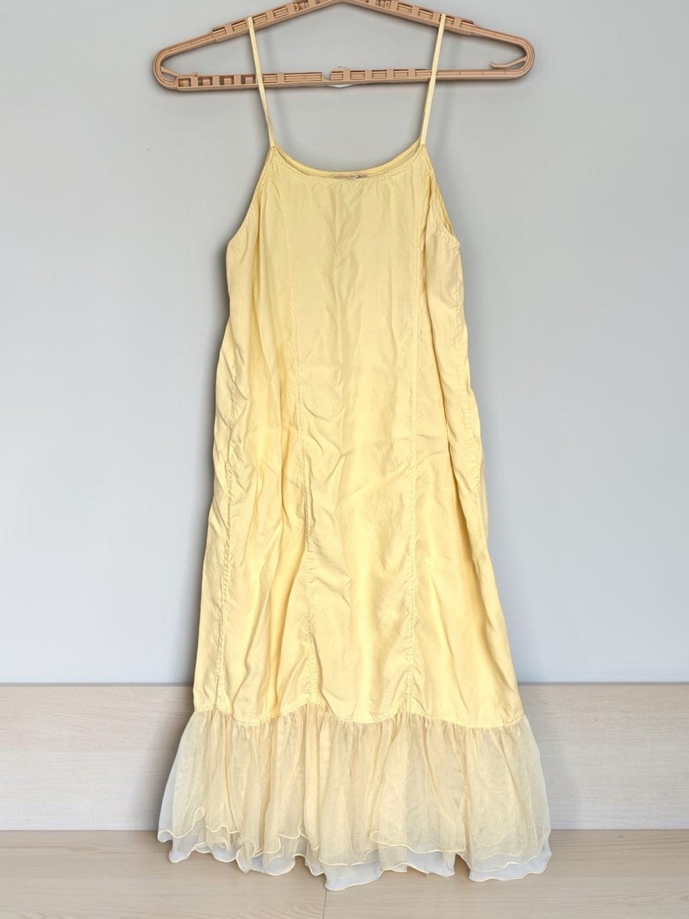 Vtg Y2K April Cornell 2000 Slip Dress Sz L Butter Yellow Rayon Tulle Ruffle Hem
